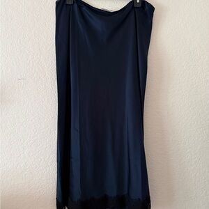Treasure & Bond Navy Satin Slip Skirt with Black Lace Trim
